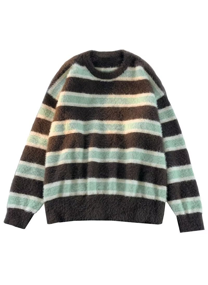 Generic - Unisex Sweater Autumn Winter Soft Striped Knit Pullover Brown - Image 1