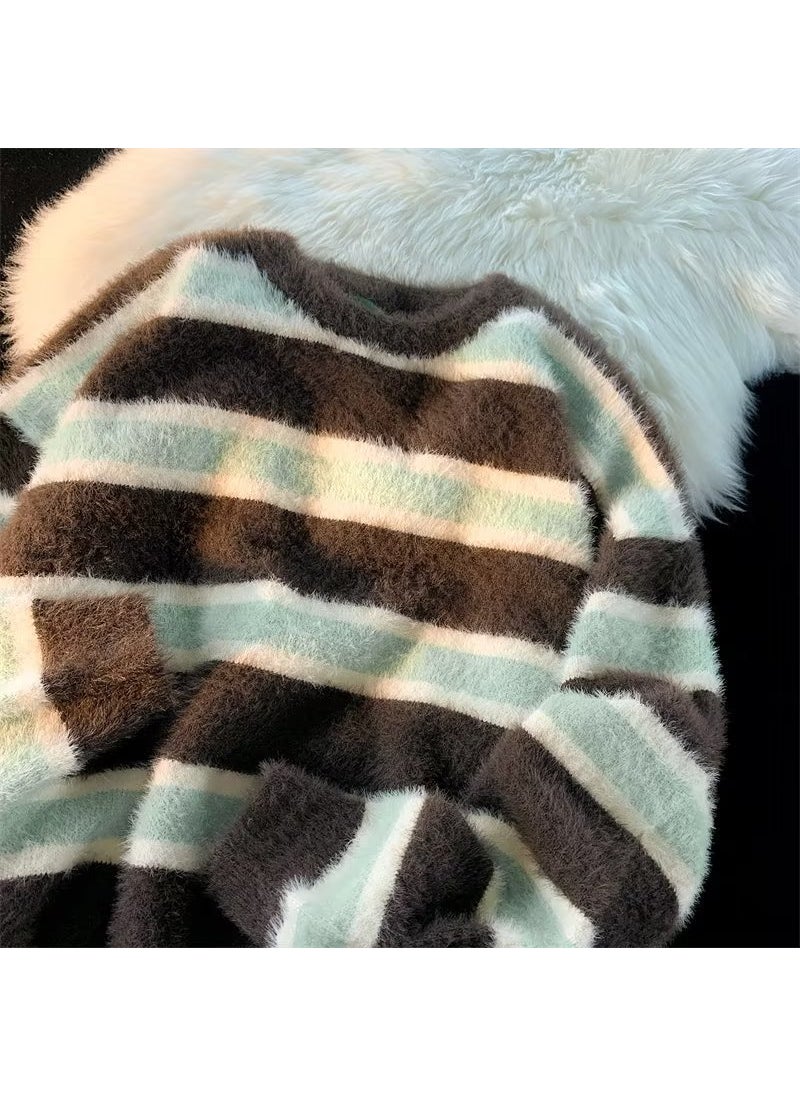 Generic - Unisex Sweater Autumn Winter Soft Striped Knit Pullover Brown - Image 1