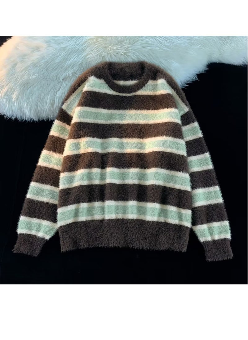 Generic - Unisex Sweater Autumn Winter Soft Striped Knit Pullover Brown - Image 1