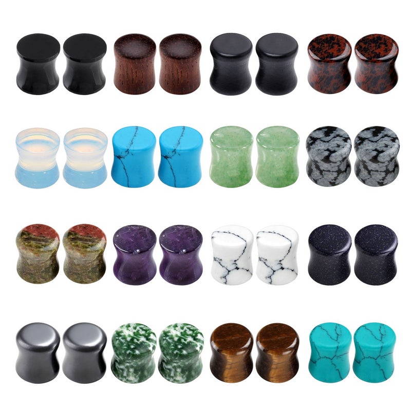 PiercingJ Acrylic Wood Mixed Stone Plugs 16 Pairs/32 Pieces Set Ear Plugs Ear Tunnels Ear Gauges Double Flared Ear Expander Stretcher Set (2g=6mm) - Image 1