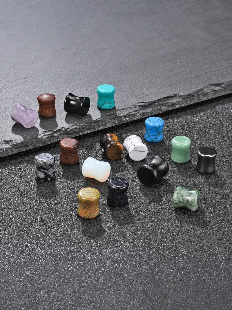 PiercingJ Acrylic Wood Mixed Stone Plugs 16 Pairs/32 Pieces Set Ear Plugs Ear Tunnels Ear Gauges Double Flared Ear Expander Stretcher Set (2g=6mm) - Image 3