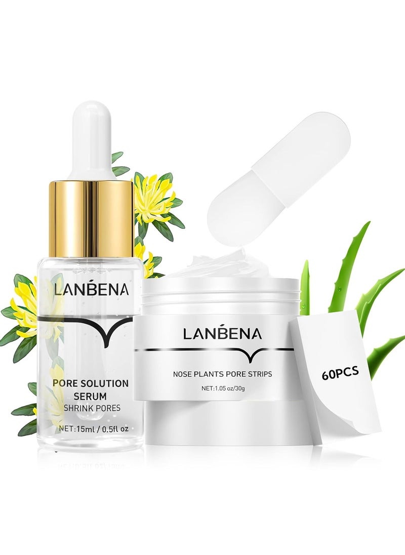 LANBENA - 3 in 1 Blackhead Removing Set, Pore Strips+Pore Solution Serum+Removal Strip Paper, Black Head Remover Mask for Face, Pore Minimizer & Reducer for Face, Leaving Your Skin Fresh and Clean - Image 1