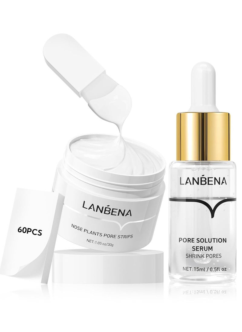LANBENA 3 in 1 Blackhead Removing Set, Pore Strips+Pore Solution Serum+Removal Strip Paper, Black Head Remover Mask for Face, Pore Minimizer & Reducer for Face, Leaving Your Skin Fresh and Clean  - Image 1