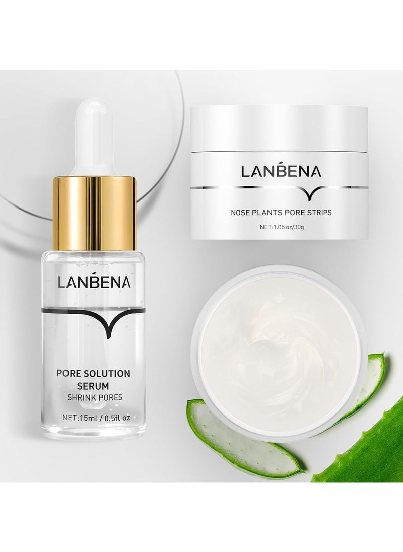 LANBENA - 3 in 1 Blackhead Removing Set, Pore Strips+Pore Solution Serum+Removal Strip Paper, Black Head Remover Mask for Face, Pore Minimizer & Reducer for Face, Leaving Your Skin Fresh and Clean - Image 1