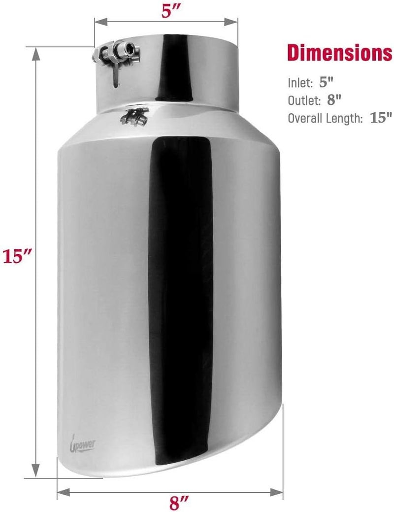 U-Power 5" to 8" Diesel Exhaust Tip Universal Trucks Car Chrome 5 In Inlet 8 In Outlet Exhaust Tip 15" Long 5 x 8 x 15 Inch Diesel Tail Pipe Stainless Steel Polished Bolt/Clamp On - Image 4