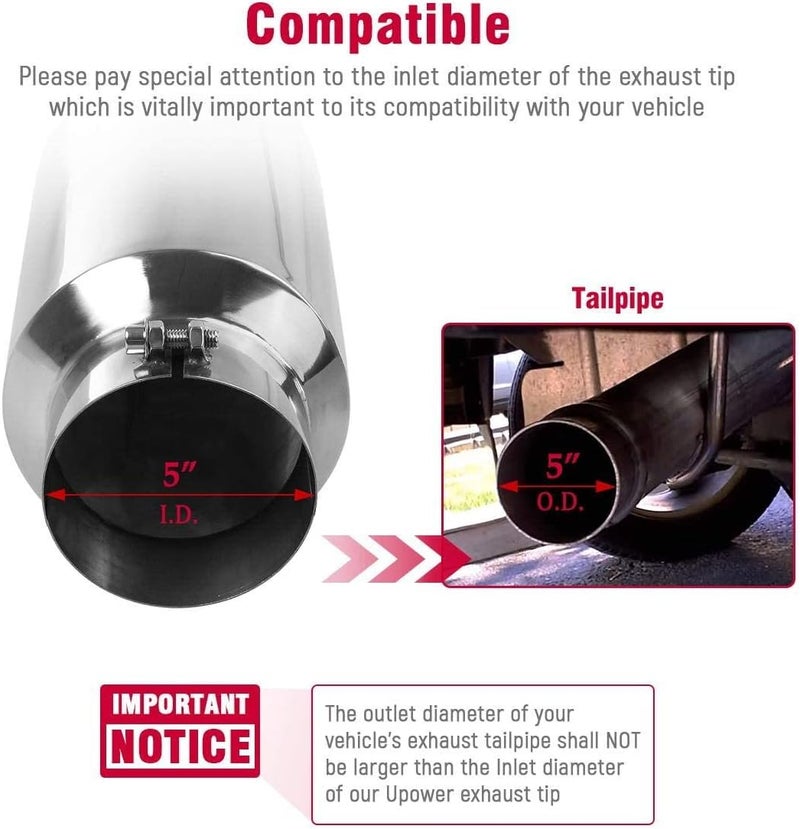 U-Power 5" to 8" Diesel Exhaust Tip Universal Trucks Car Chrome 5 In Inlet 8 In Outlet Exhaust Tip 15" Long 5 x 8 x 15 Inch Diesel Tail Pipe Stainless Steel Polished Bolt/Clamp On - Image 2