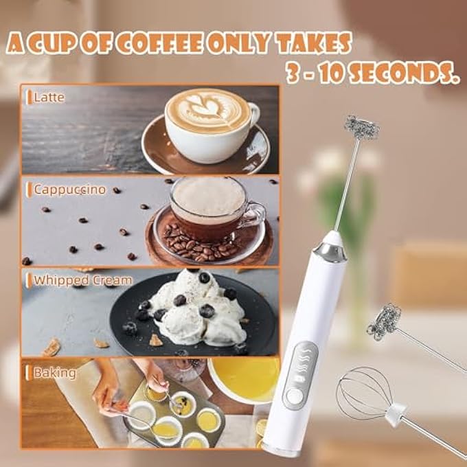 HIKKY Handheld Milk Frother Electric Coffee Milk Frother Rechargeable Egg Beater TwoEnd Replaceable Stainless Steel Stirring Rod ThreeSpeed Automatic Stirring With StandWhite - Image 5