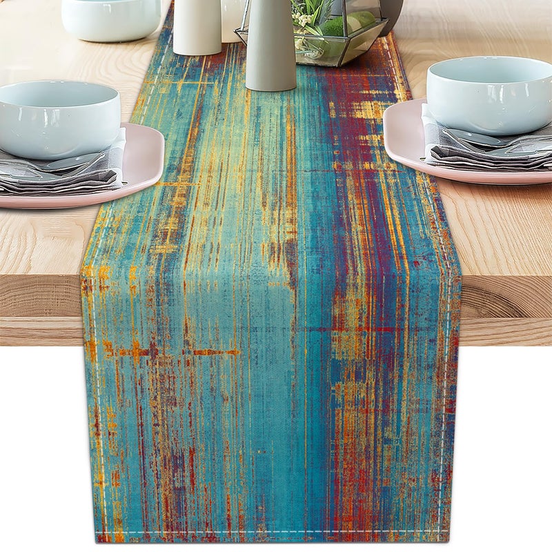 AILUER Small Table Runner Vintage Abstract Blue and Orange Table Runner Messy Rust Painting Farmhouse Coffee Table Runners for Kitchen Dining Table Home Decor 36" - Image 1