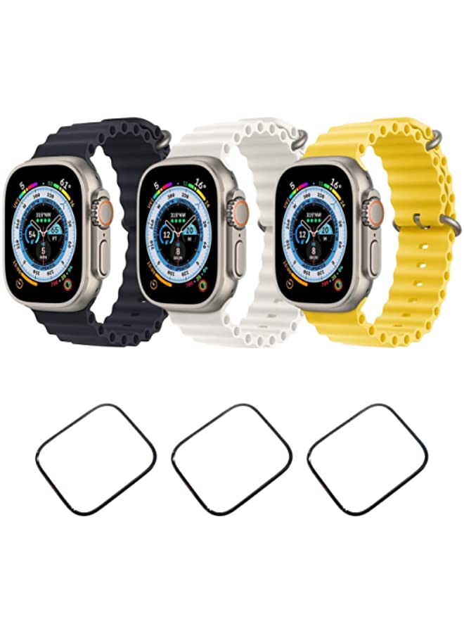 IAF Silicone Ocean Band Strap for Apple Watch Ultra 8 49mm Black,White and Yellow Set of 3 with 3* 49mm Watch glass