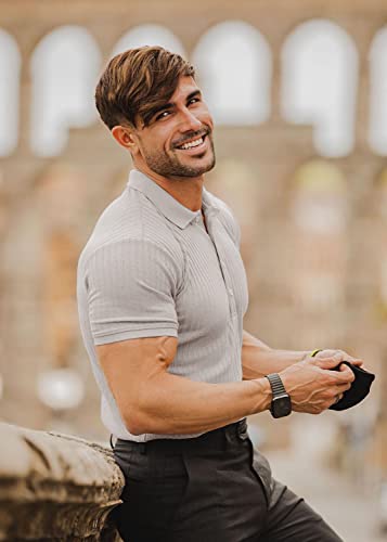 CANGHPGIN Collared Muscle Polo Shirts Men Slim Fit Textured Knit Polo Shirts Short Sleeve Button Down Shirts Casual Stylish Light Grey - Image 4