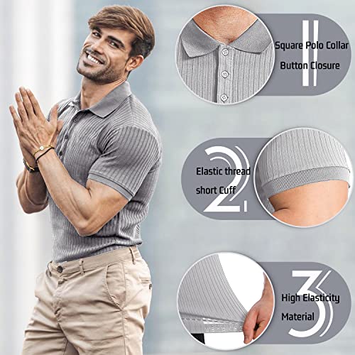 CANGHPGIN Collared Muscle Polo Shirts Men Slim Fit Textured Knit Polo Shirts Short Sleeve Button Down Shirts Casual Stylish Light Grey - Image 2