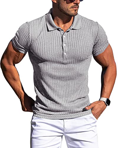 CANGHPGIN Collared Muscle Polo Shirts Men Slim Fit Textured Knit Polo Shirts Short Sleeve Button Down Shirts Casual Stylish Light Grey - Image 1