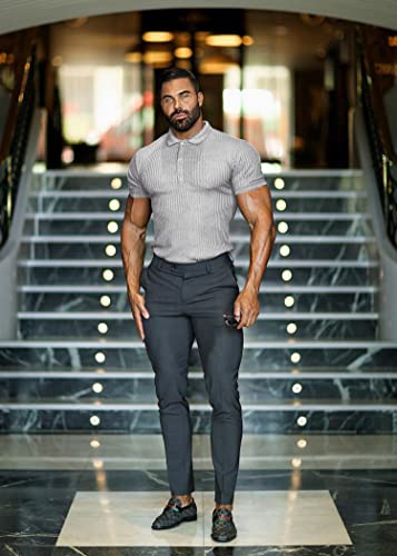 CANGHPGIN Collared Muscle Polo Shirts Men Slim Fit Textured Knit Polo Shirts Short Sleeve Button Down Shirts Casual Stylish Light Grey - Image 3