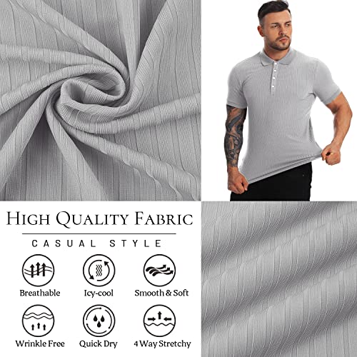 CANGHPGIN Collared Muscle Polo Shirts Men Slim Fit Textured Knit Polo Shirts Short Sleeve Button Down Shirts Casual Stylish Light Grey - Image 5
