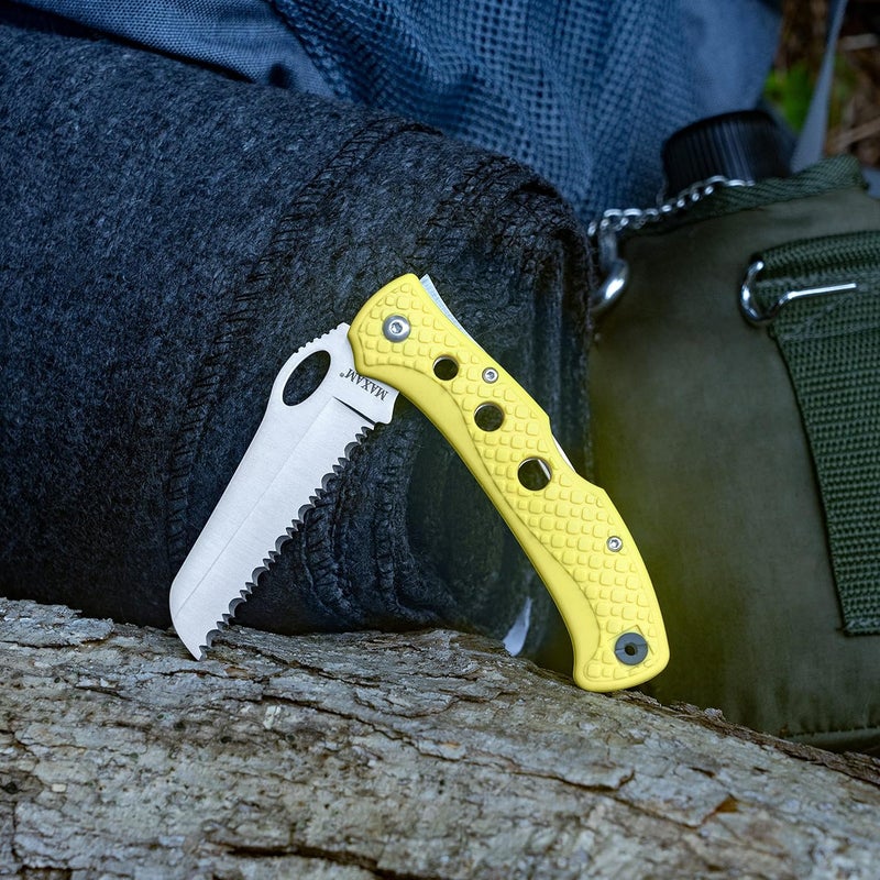 Maxam 5 Inch Saltwater Knife - Rust-Proof German Stainless Steel Serrated Blade with High-Visibility Yellow Handle, Reversible Pocket Clip, Lanyard Hole - Image 3