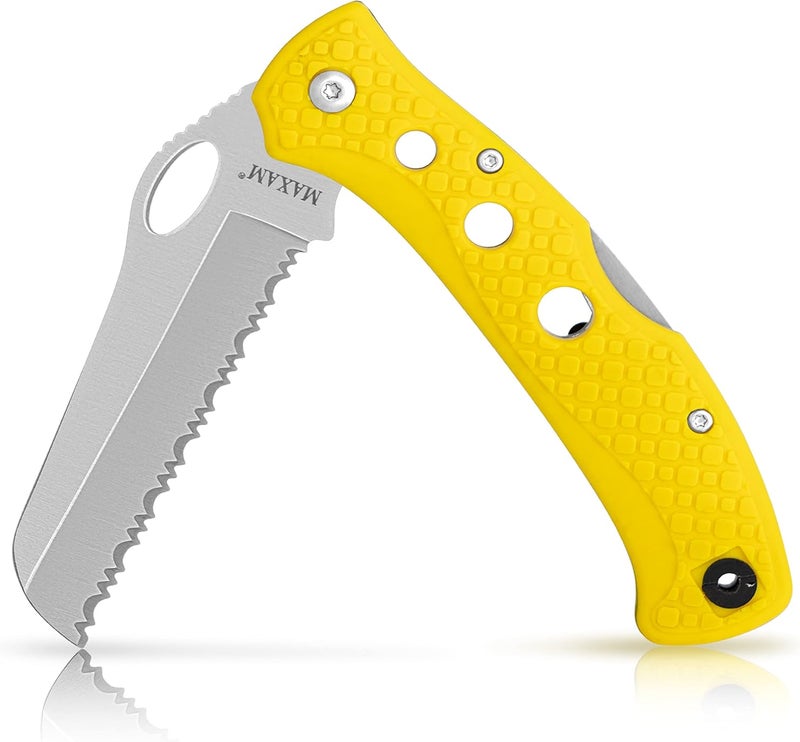 Maxam 5 Inch Saltwater Knife - Rust-Proof German Stainless Steel Serrated Blade with High-Visibility Yellow Handle, Reversible Pocket Clip, Lanyard Hole - Image 1