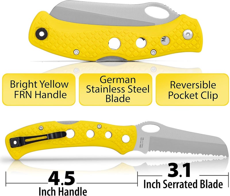 Maxam 5 Inch Saltwater Knife - Rust-Proof German Stainless Steel Serrated Blade with High-Visibility Yellow Handle, Reversible Pocket Clip, Lanyard Hole - Image 2