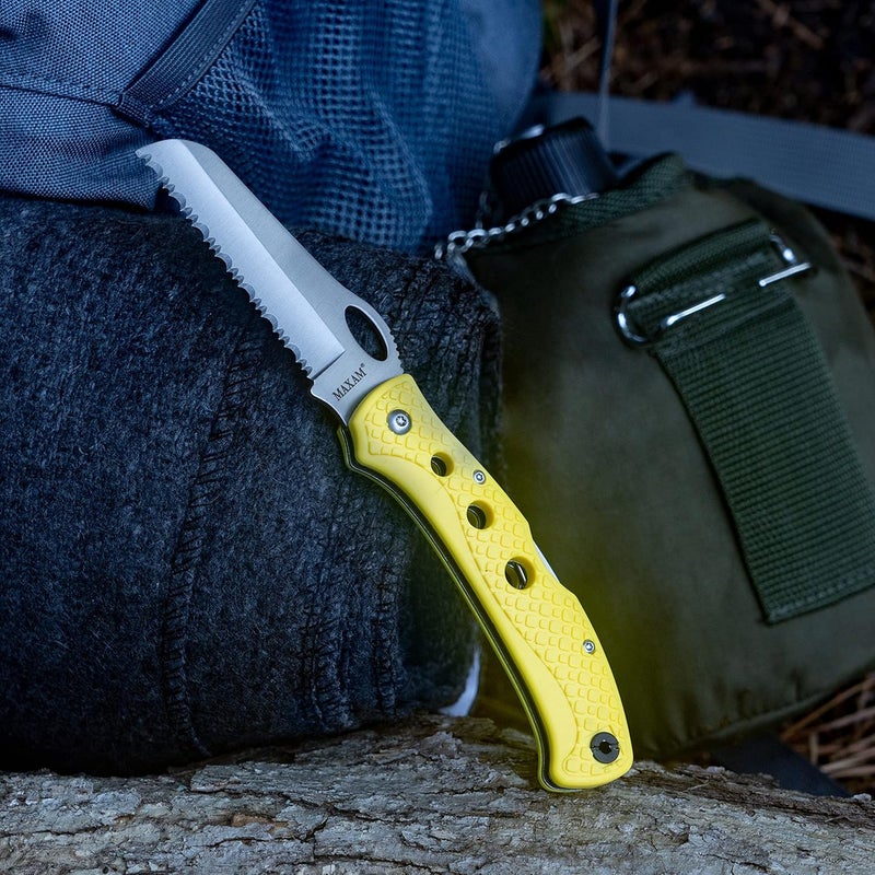 Maxam 5 Inch Saltwater Knife - Rust-Proof German Stainless Steel Serrated Blade with High-Visibility Yellow Handle, Reversible Pocket Clip, Lanyard Hole - Image 4