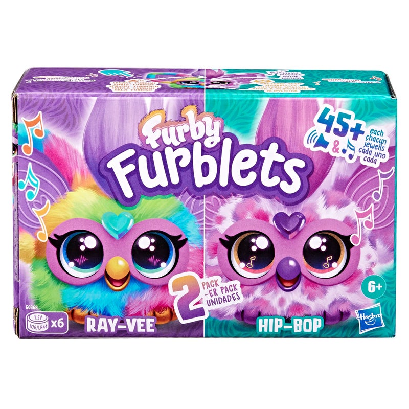 Furby Furblets 2-Pack, Mini Friends Ray-Vee & Hip-Bop, 45+ Sounds Each, Music & Furbish Phrases, Electronic Plush Toys, Rainbow & Pink/Purple, Ages 6+ - Image 2