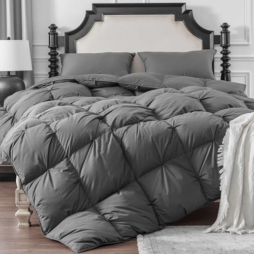 KAKABELL Pinch Pleat Goose Down Feathers Fiber Comforter King Size All SeasonUltra Soft and Cozy Noiseless Duvet Insert with Egyptian Cotton Blend CoverFluffy Warm Comforter InsertGrey90X106 - Image 1