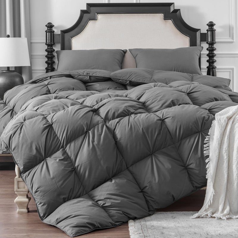 KAKABELL Pinch Pleat Goose Down Feathers Fiber Comforter King Size All SeasonUltra Soft and Cozy Noiseless Duvet Insert with Egyptian Cotton Blend CoverFluffy Warm Comforter InsertGrey90X106 - Image 2