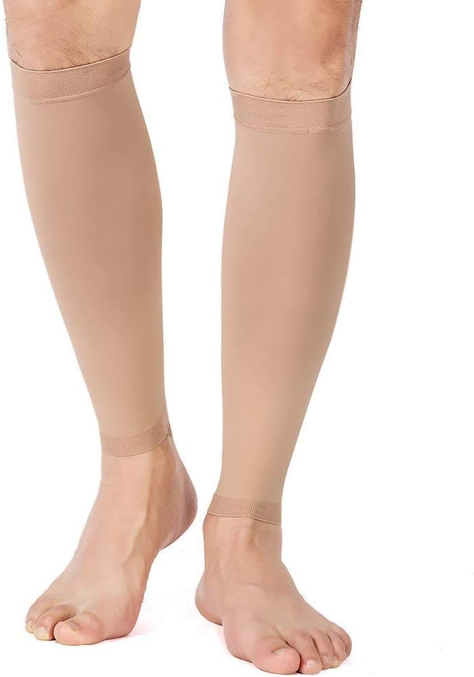 TOFLY ® Calf Compression Sleeve for Men & Women, 1 Pair, Footless Compression Socks 20-30mmHg for Leg Support, Shin Splint, Pain Relief, Swelling, Varicose Veins, Maternity, Nursing, Travel, Beige M - Image 1
