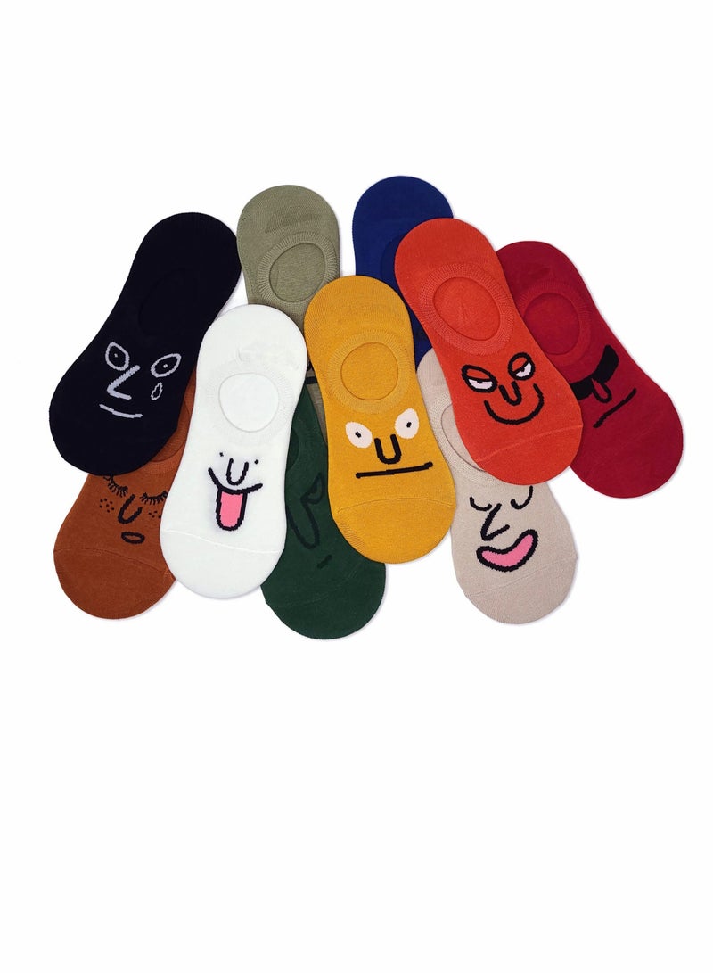 Y&D Socks Female Ins Tide Short Spring And Summer Cotton Boat Invisible Shallow Mouth Personality Funny Expression 10 Pair - Image 1