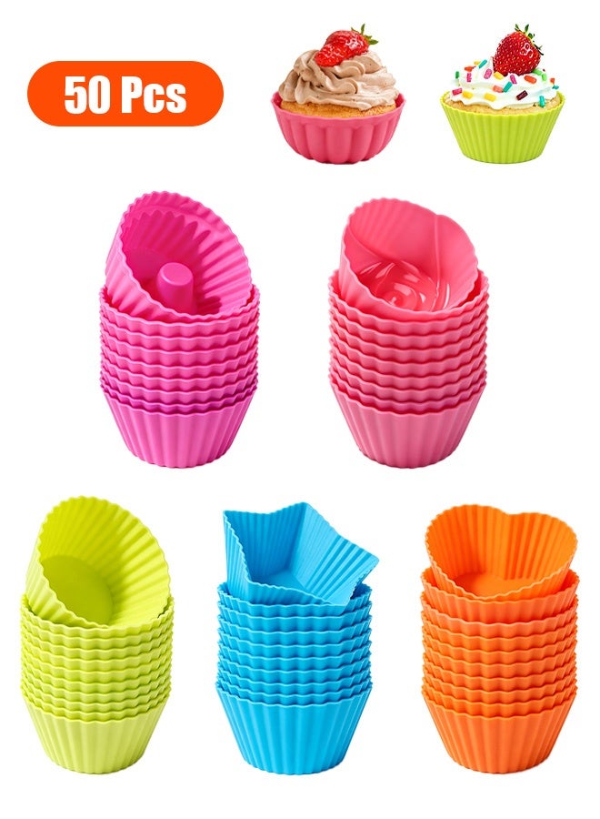 Quantum 50 Piece Silicone Multicolor Cup Cake Mould Set -  Reusable Nonstick Baking Molds  with Round Stars Heart Flowers Shape  for Party Halloween Christmas - Image 1