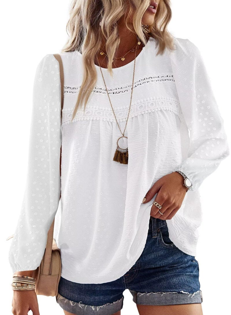 Falechay Womens Summer Blouses Crew Neck Lace Hem Basic Tee Shirts Flowy Long Sleeve Chiffon Blouses Clothing for Women White L - Image 1