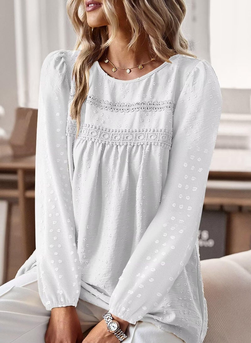 Falechay Womens Summer Blouses Crew Neck Lace Hem Basic Tee Shirts Flowy Long Sleeve Chiffon Blouses Clothing for Women White L - Image 2