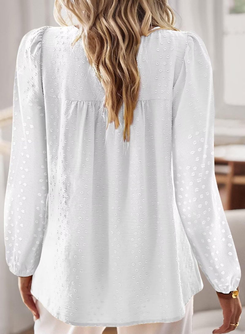 Falechay Womens Summer Blouses Crew Neck Lace Hem Basic Tee Shirts Flowy Long Sleeve Chiffon Blouses Clothing for Women White L - Image 3