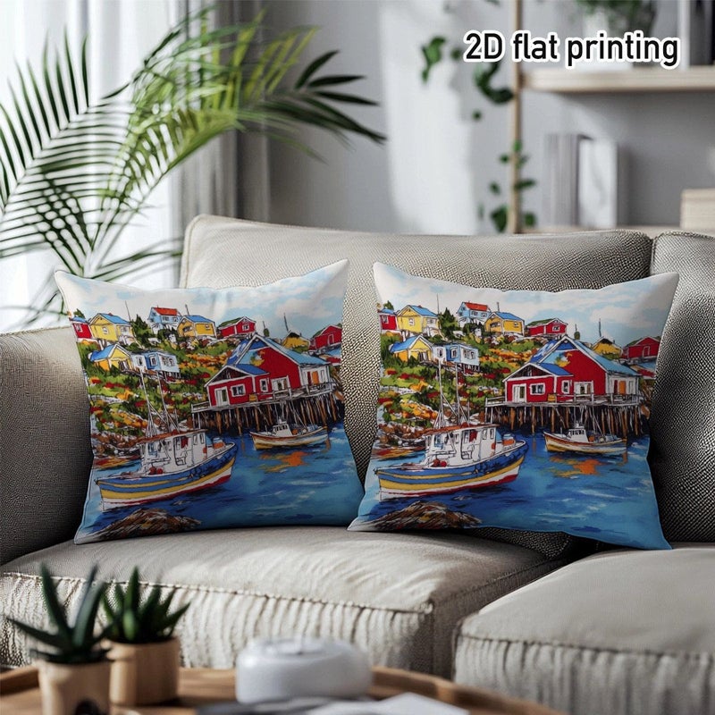 Set Of 2 Throw Pillow Covers 15.7x15.7inch Coastal Fishing Village Design With Colorful Houses And Boats Nautical Living Room Bedroom Sofa Decor Gift For Ocean Lovers - Image 1