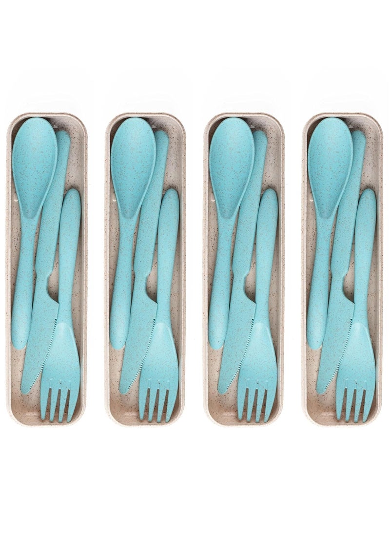 IRIDA NATURALS - Wheat Straw Cutlery Set - Set of 4 Portable Fork and Spoon Set with Travel Case & Spoon Box for School | Unbreakable, Reusable, Light Weight, EcoFriendly & Dishwasher Safe - Light Blue - Image 1
