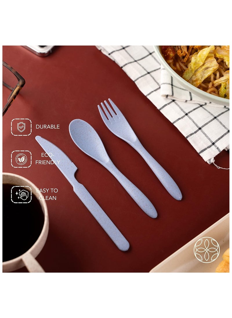 IRIDA NATURALS - Wheat Straw Cutlery Set - Set of 4 Portable Fork and Spoon Set with Travel Case & Spoon Box for School | Unbreakable, Reusable, Light Weight, EcoFriendly & Dishwasher Safe - Light Blue - Image 1