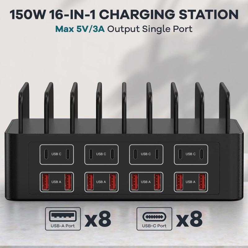 RUANSZZ 150W/35A Charging Station for Multiple Devices, RUANSZZ 16 Port USB~C Fast Charging Station, Multiple Charger Organizer Compatible with Cell Phone, iPad, Kindle, Tablet and Other Electronic - Image 2