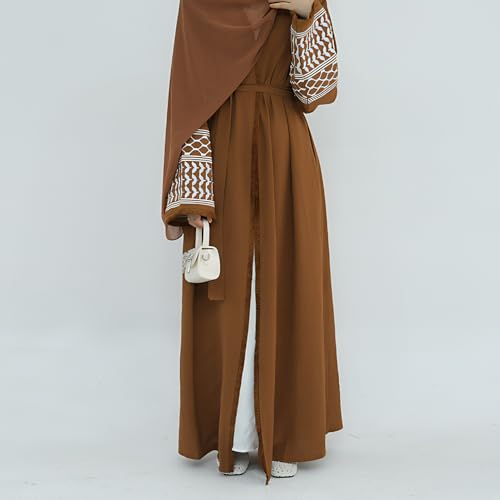 ABEWIP Muslim Dresses for Women Ramadan Kimono Long Sleeve Embroidered Islamic Cardigan Prayer Dress Abaya Kaftan with Belt Turkey Dubai Casual Dress Abaya Dress for Women Coffee M - Image 3