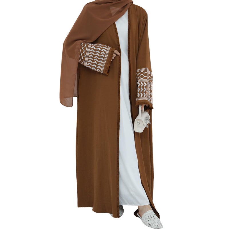 ABEWIP Muslim Dresses for Women Ramadan Kimono Long Sleeve Embroidered Islamic Cardigan Prayer Dress Abaya Kaftan with Belt Turkey Dubai Casual Dress Abaya Dress for Women Coffee M - Image 2