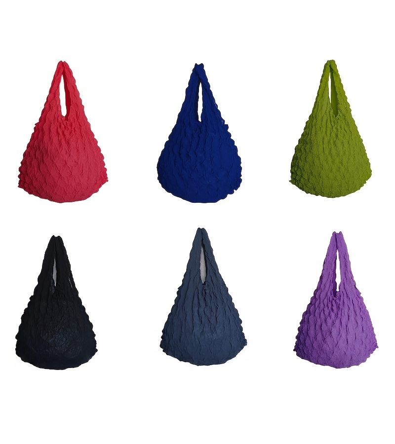 Purple Japanese Style Bubble Pleats Retractable Tote Large Capacity Elastic Grocery Bag With Hanging Strap - Image 1