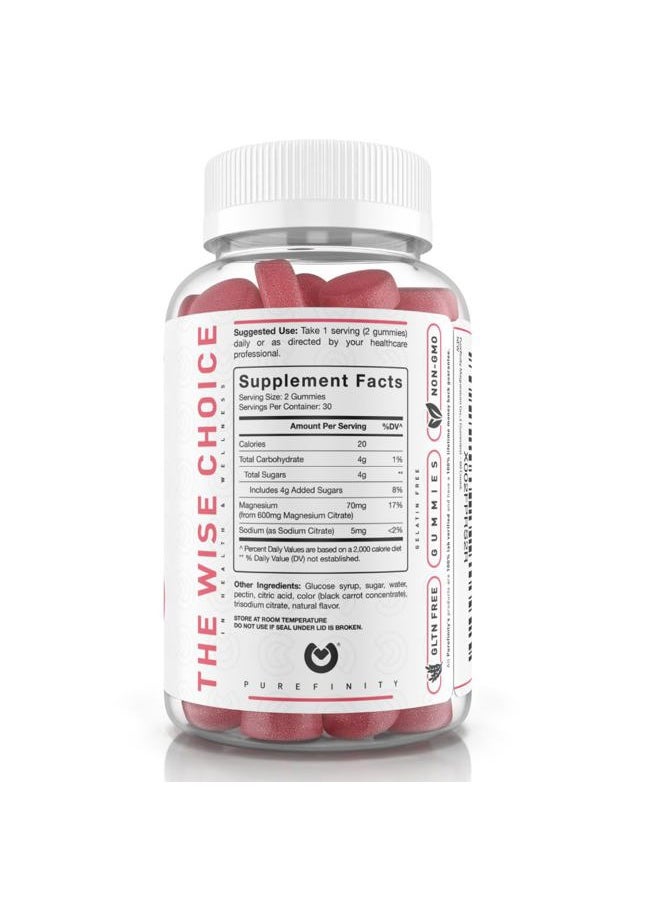 PUREFINITY - Magnesium Citrate Gummies 600 mg for Adults – High Absorption Supplement for Cramps, Muscle Recovery, Sleep, Bone, and Energy Support – Non-GMO, Allergen Free – 60 Vegan Gummies - Image 1