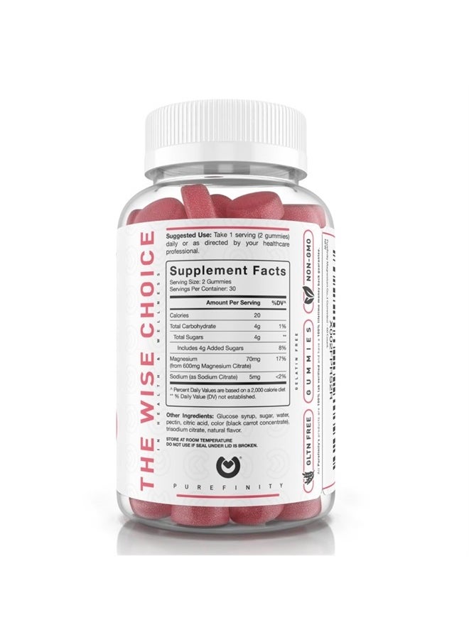 PUREFINITY - Magnesium Citrate Gummies 600 mg for Adults – High Absorption Supplement for Cramps, Muscle Recovery, Sleep, Bone, and Energy Support – Non-GMO, Allergen Free – 60 Vegan Gummies - Image 1