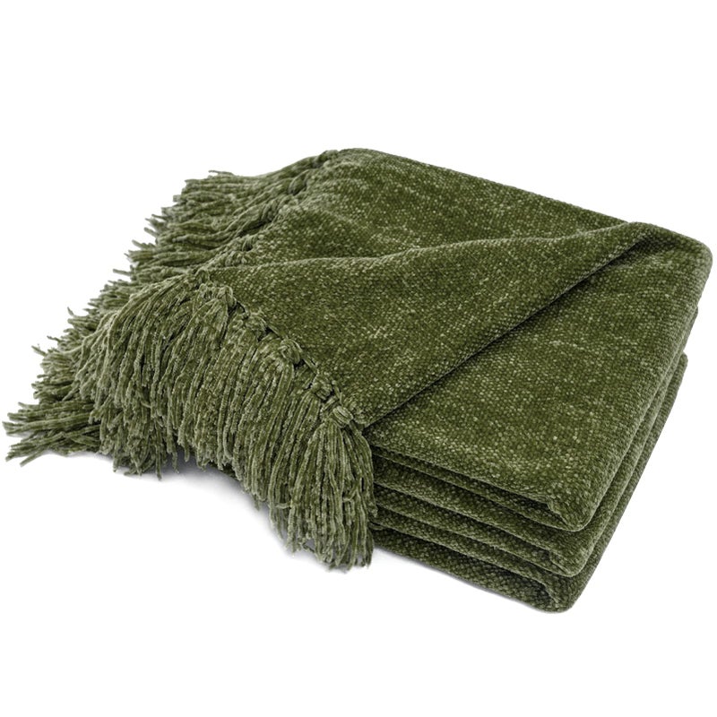 RECYCO Throw Blanket Soft Cozy Chenille Throw Blanket with Fringe Tassel for Couch Sofa Chair Bed Living Room Gift Loden Green 50 x 60