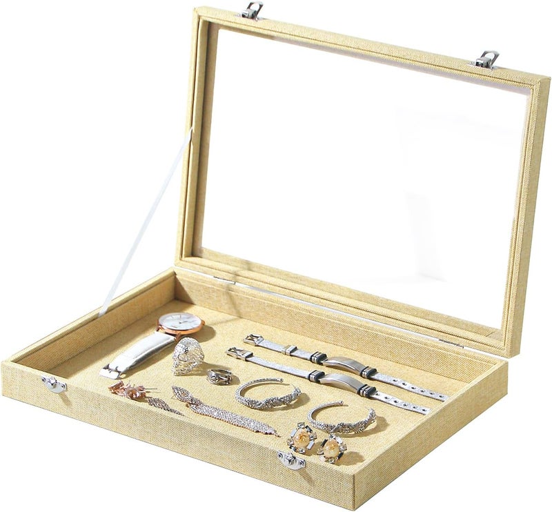 Coward Jewelry Organizer Box, Yellow Linen Blank Display Tray Case with Lid for Storage Necklaces Bracelets Rings Beads and Jewelry Accessories - Image 1