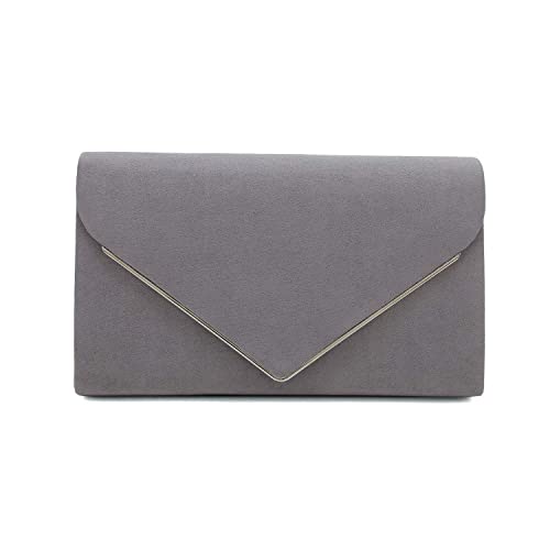 CHARMING TAILOR Faux Suede Clutch Bag Elegant Metal Binding Evening Purse for Wedding/Prom/Black-Tie Events (Grey) - Image 1