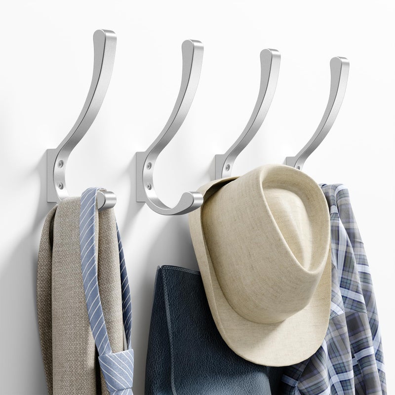 saffruff Coat Hooks Wall Mount, Hooks for Hanging Heavy Duty, Screw-in Wall Hanger, Silver, 4 Pack - Image 1