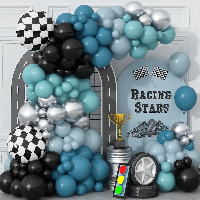 Togvu Race Car Balloons Garland Arch Kit Dusty Blue Balloons Green Black Balloon Pale Blue Metallic Silver Balloon Arch Kit with Checkered Foil Balloon for Car Fast Birthday Baby Shower Party Decorations - Image 3