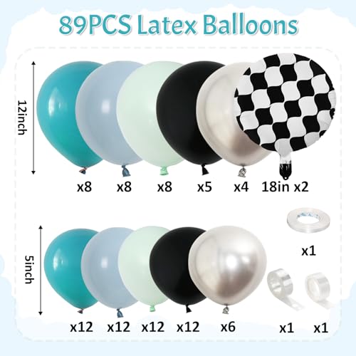 Togvu Race Car Balloons Garland Arch Kit Dusty Blue Balloons Green Black Balloon Pale Blue Metallic Silver Balloon Arch Kit with Checkered Foil Balloon for Car Fast Birthday Baby Shower Party Decorations - Image 5