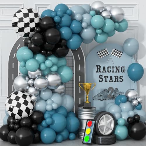 Togvu Race Car Balloons Garland Arch Kit Dusty Blue Balloons Green Black Balloon Pale Blue Metallic Silver Balloon Arch Kit with Checkered Foil Balloon for Car Fast Birthday Baby Shower Party Decorations - Image 1
