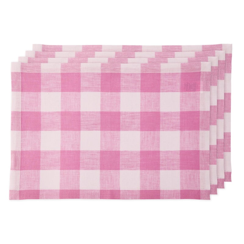 Solino Home Solino Home Buffalo Check Linen Placemats Set of 4 - 100% Pure Linen Pink Begonia Plaid Placemats 19 "" L x 14 "" W Inch - Machine Washable Table Mats for Spring  Easter  - Image 1