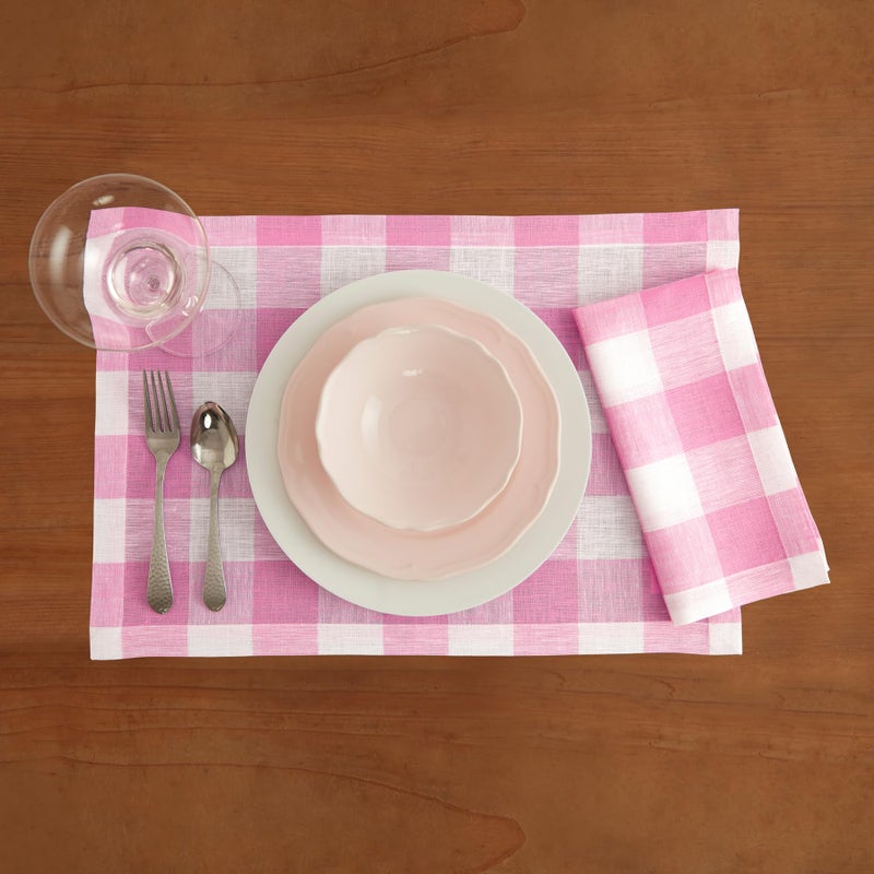 Solino Home Solino Home Buffalo Check Linen Placemats Set of 4 - 100% Pure Linen Pink Begonia Plaid Placemats 19 "" L x 14 "" W Inch - Machine Washable Table Mats for Spring  Easter  - Image 2