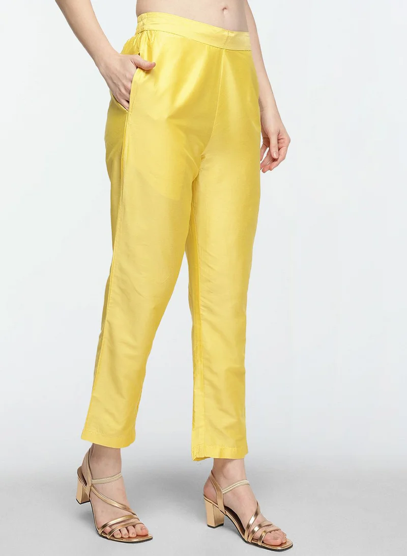 ISHIN Women'S Yellow Polyester Blend Embellished Tunic Full Length Pleat Front Straight Fit Kurta Set